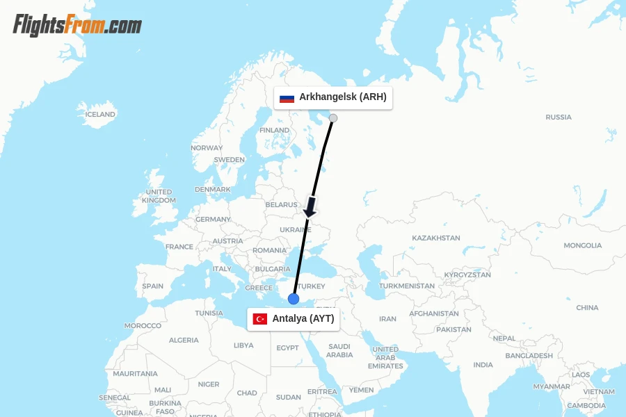 Flights from Arkhangelsk to Antalya route map