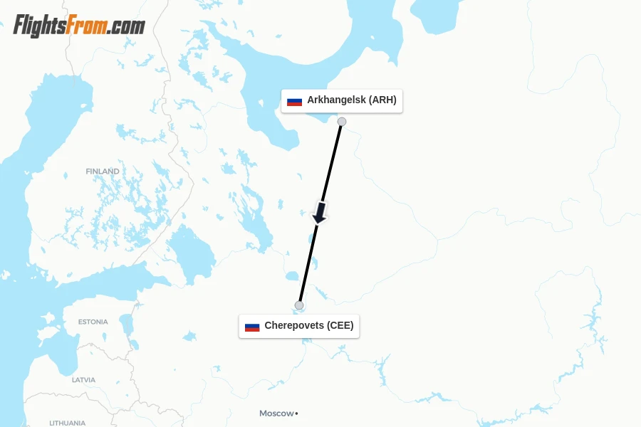 Flights from Arkhangelsk to Cherepovets route map