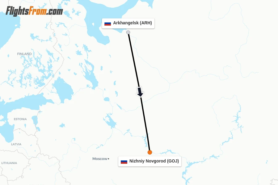 Flights from Arkhangelsk to Nizhniy Novgorod route map