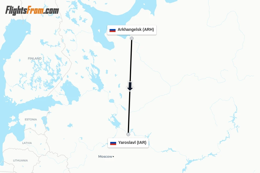Flights from Arkhangelsk to Yaroslavl route map