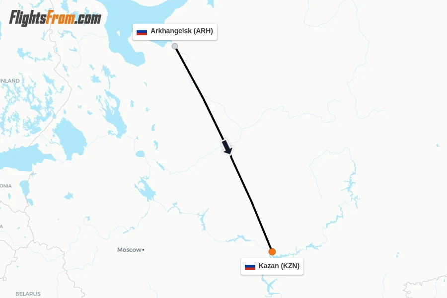 Flights from Arkhangelsk to Kazan route map