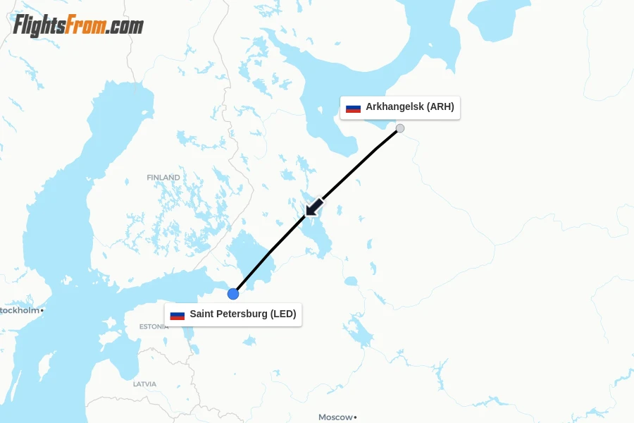 Flights from Arkhangelsk to Saint Petersburg route map