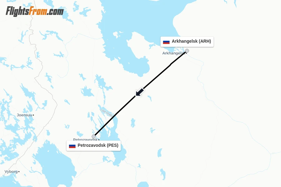 Flights from Arkhangelsk to Petrozavodsk route map