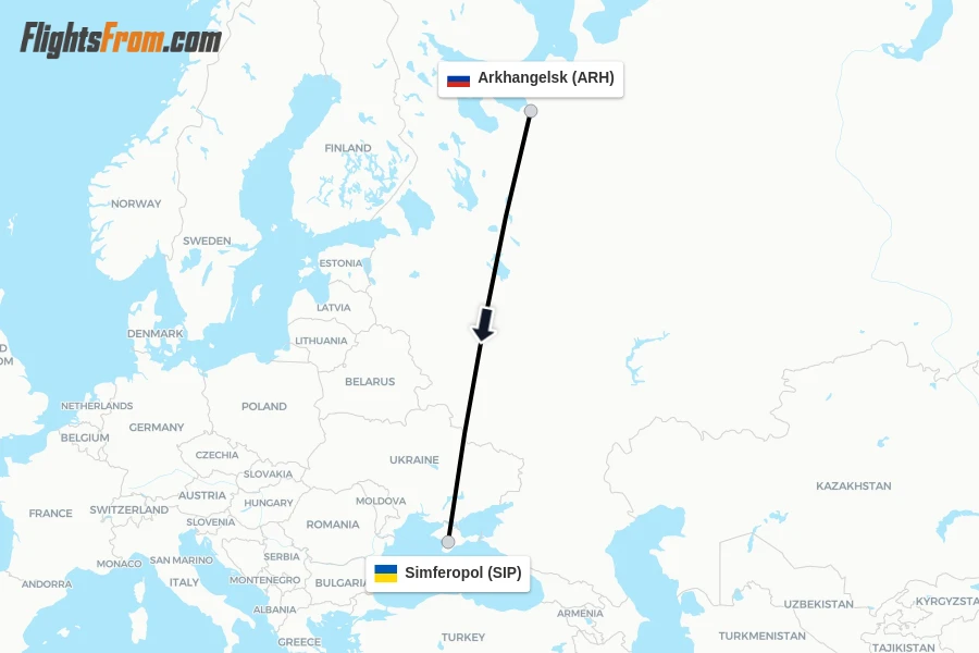 Flights from Arkhangelsk to Simferopol route map