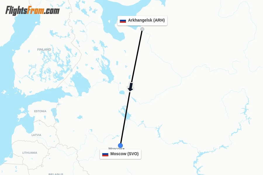 Flights from Arkhangelsk to Moscow route map