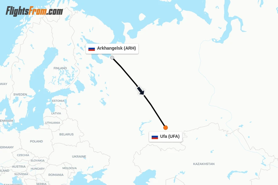 Flights from Arkhangelsk to Ufa route map