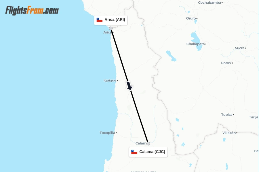 Flights from Arica to Calama route map