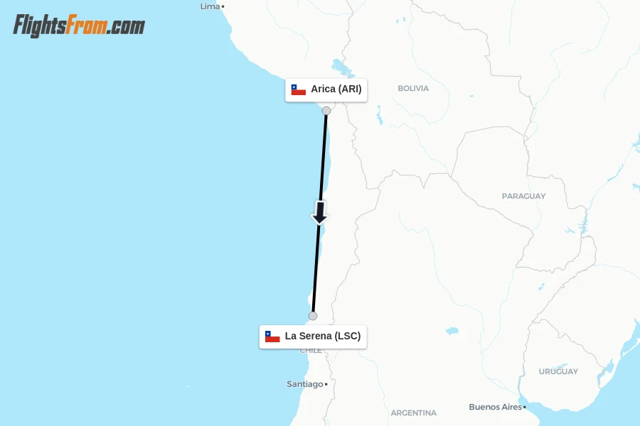 Flights from Arica to La Serena route map