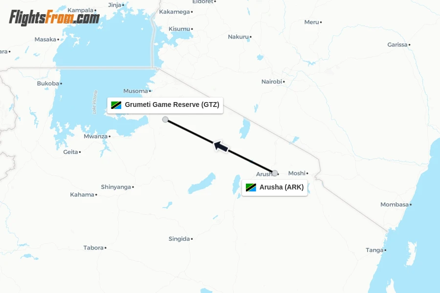 Flights from Arusha to Grumeti Game Reserve route map