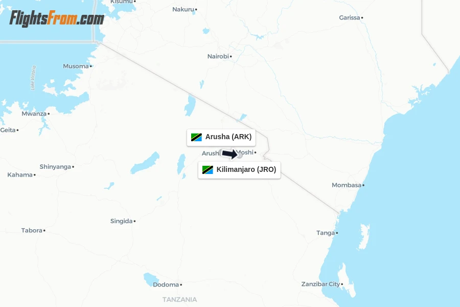 Flights from Arusha to Kilimanjaro route map