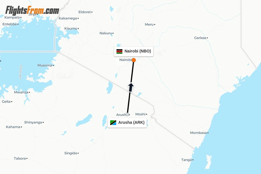 Flights from Arusha to Nairobi route map