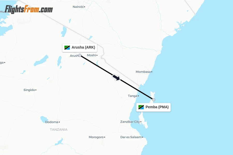 Flights from Arusha to Pemba route map