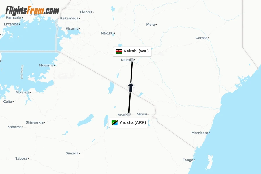 Flights from Arusha to Nairobi route map