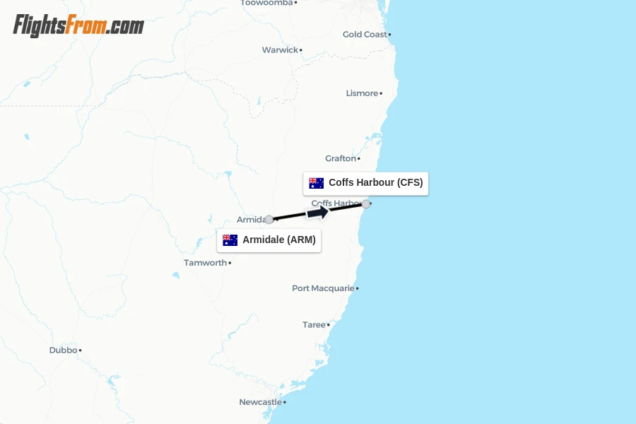 Flights from Armidale to Coffs Harbour route map