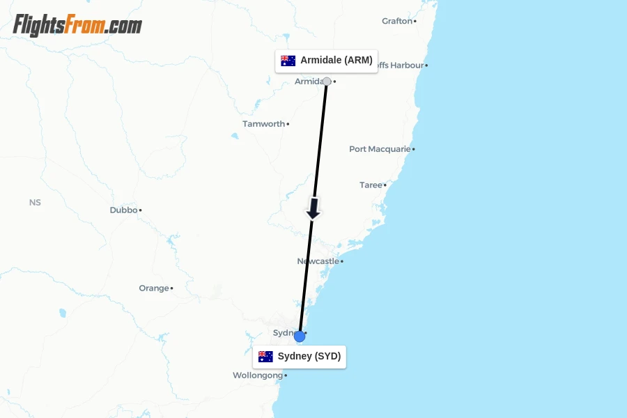 Flights from Armidale to Sydney route map