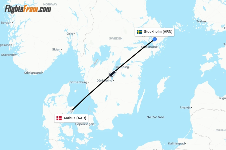 Flights from Stockholm to Aarhus route map
