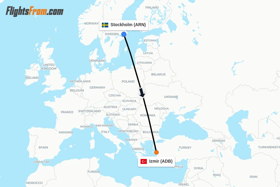 Flights from Stockholm to Izmir route map