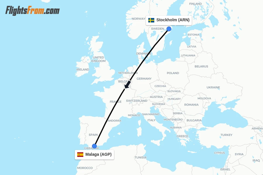 Flights from Stockholm to Malaga route map