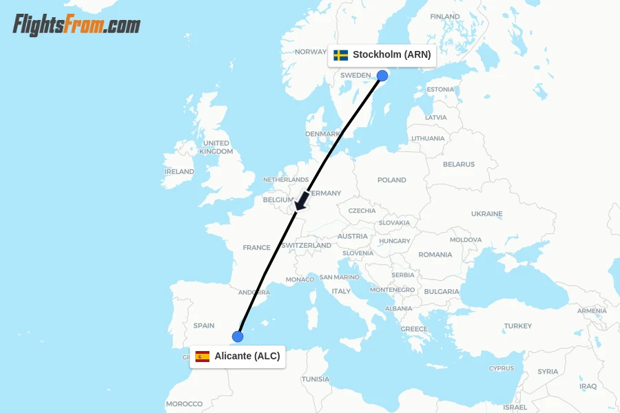 Flights from Stockholm to Alicante route map