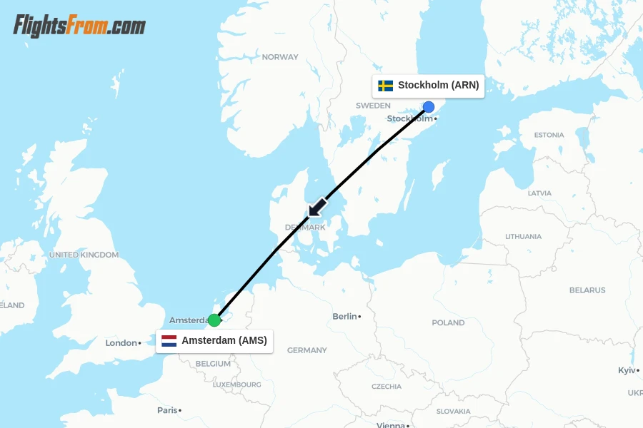 Flights from Stockholm to Amsterdam route map