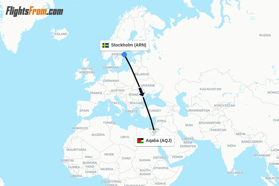 Flights from Stockholm to Aqaba route map