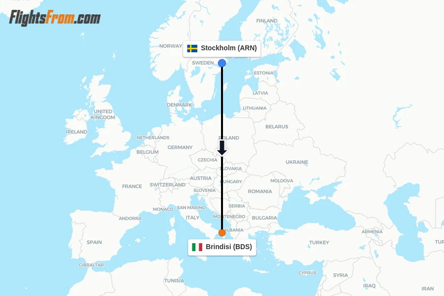 Flights from Stockholm to Brindisi route map