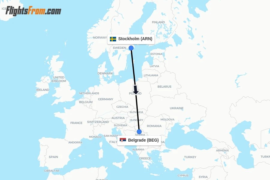Flights from Stockholm to Belgrade route map
