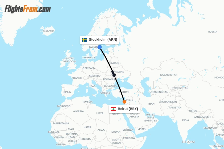 Flights from Stockholm to Beirut route map