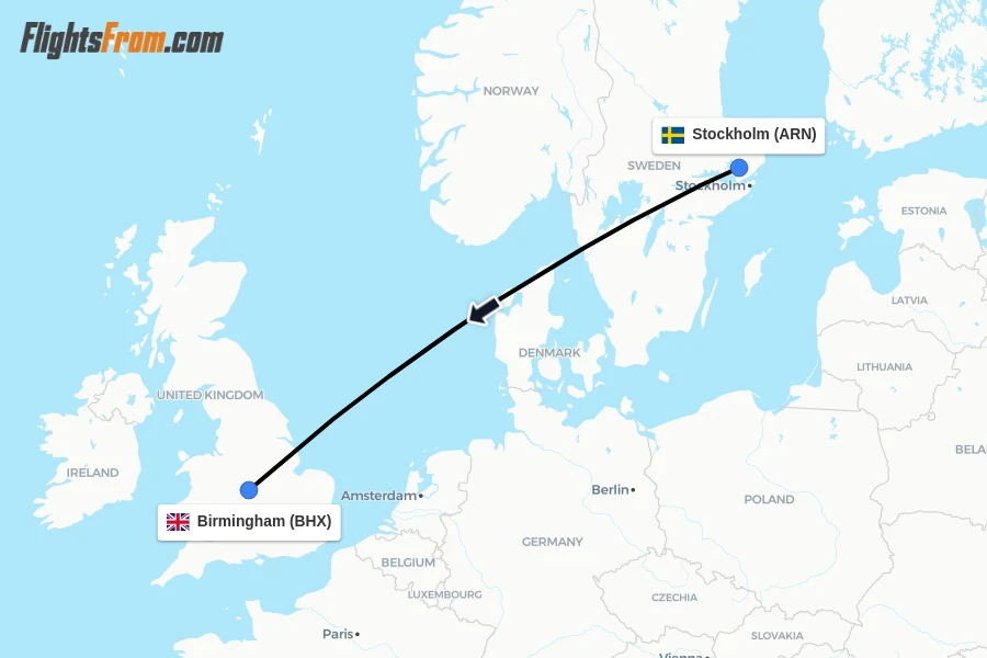 Flights from Stockholm to Birmingham route map
