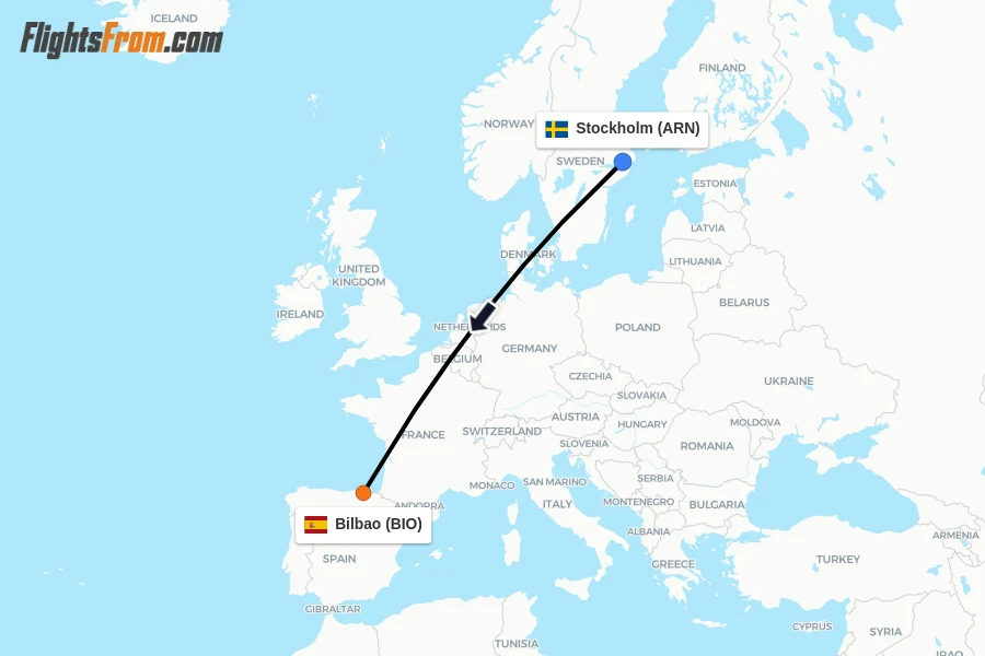 Flights from Stockholm to Bilbao route map