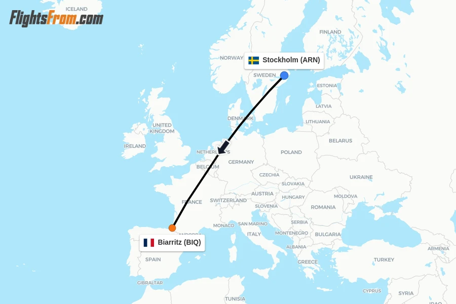 Flights from Stockholm to Biarritz route map