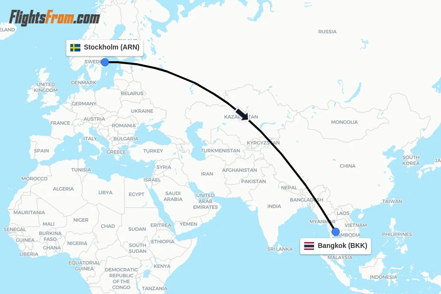 Flights from Stockholm to Bangkok route map