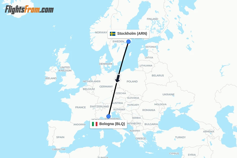 Flights from Stockholm to Bologna route map