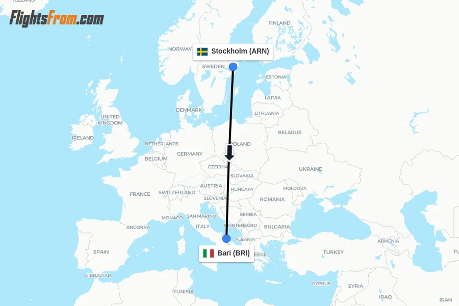 Flights from Stockholm to Bari route map