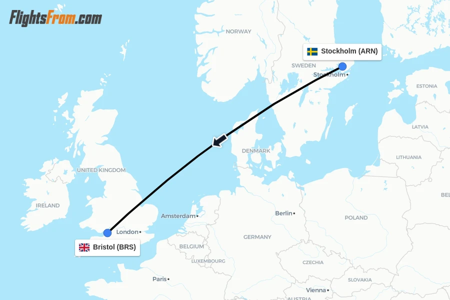 Flights from Stockholm to Bristol route map
