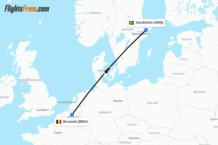 Flights from Stockholm to Brussels route map