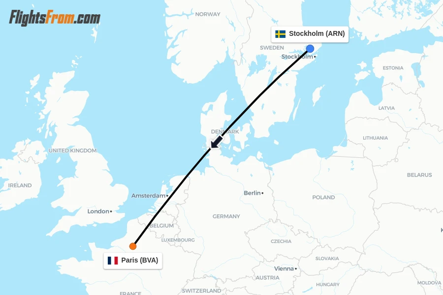 Flights from Stockholm to Paris route map