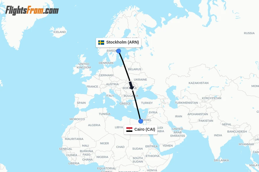 Flights from Stockholm to Cairo route map
