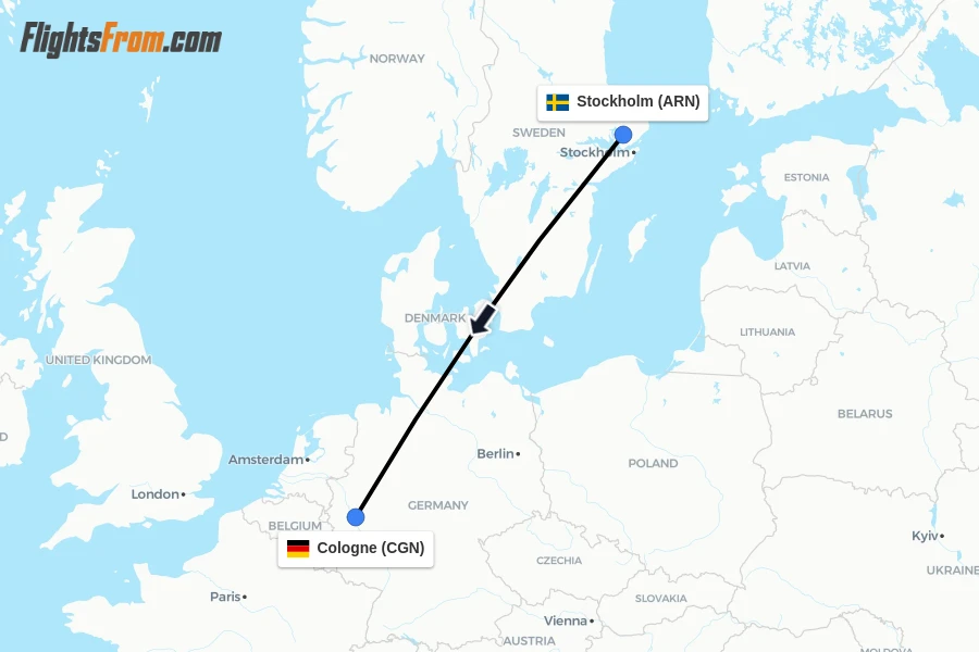 Flights from Stockholm to Cologne route map