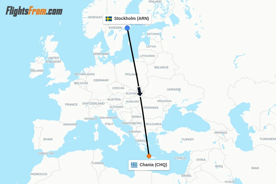 Flights from Stockholm to Chania route map