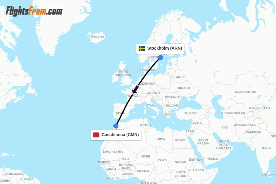 Flights from Stockholm to Casablanca route map