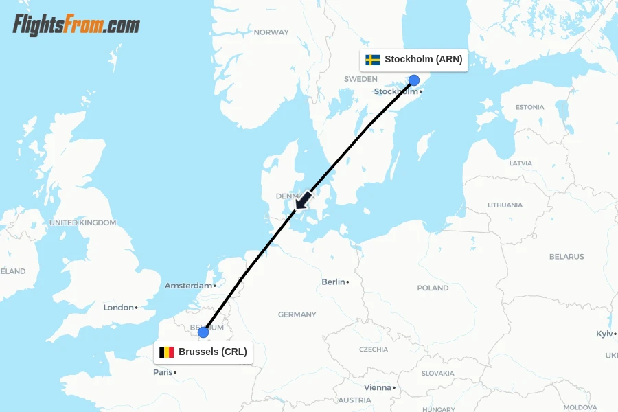 Flights from Stockholm to Brussels route map