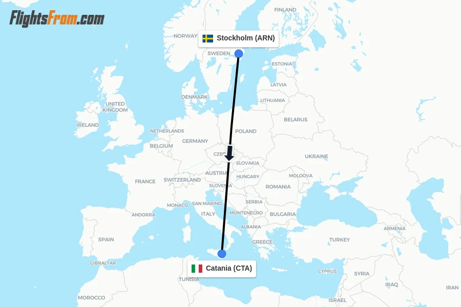Flights from Stockholm to Catania route map