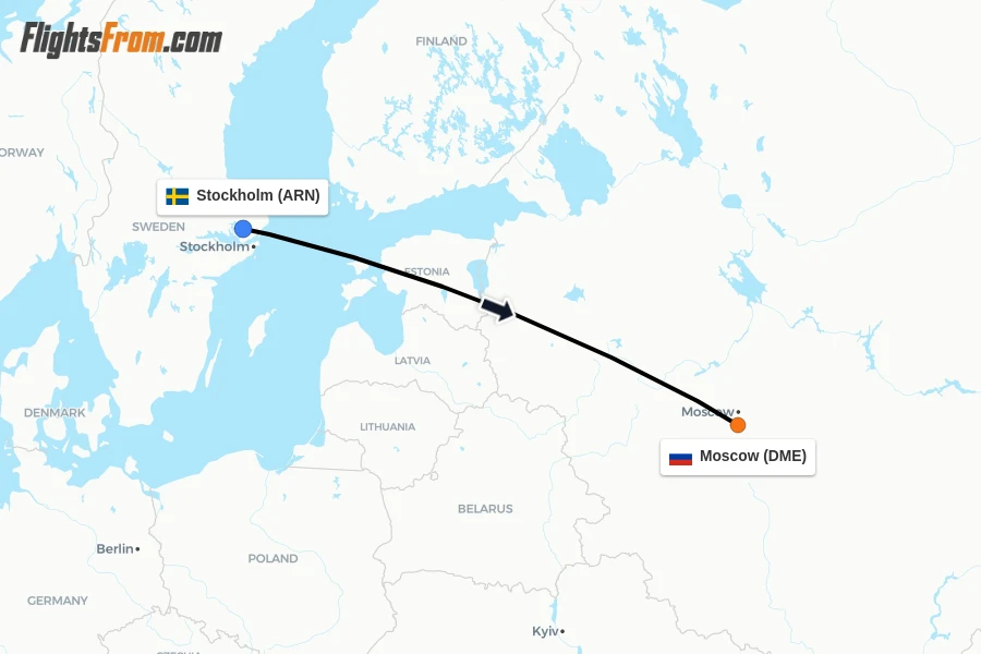 Flights from Stockholm to Moscow route map