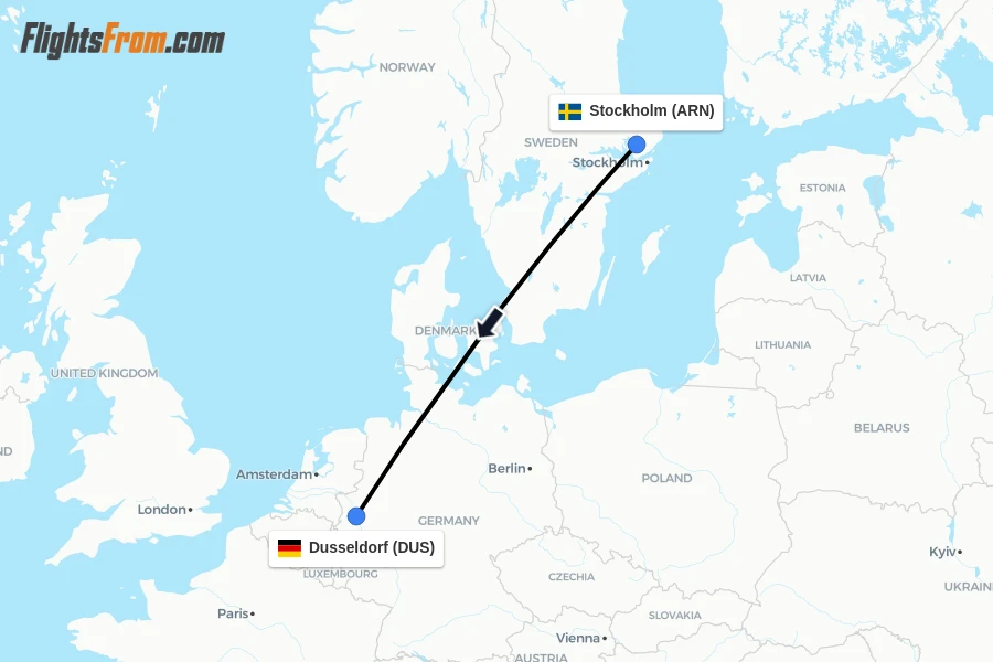 Flights from Stockholm to Dusseldorf route map