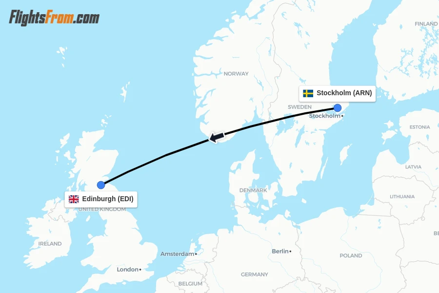 Flights from Stockholm to Edinburgh route map