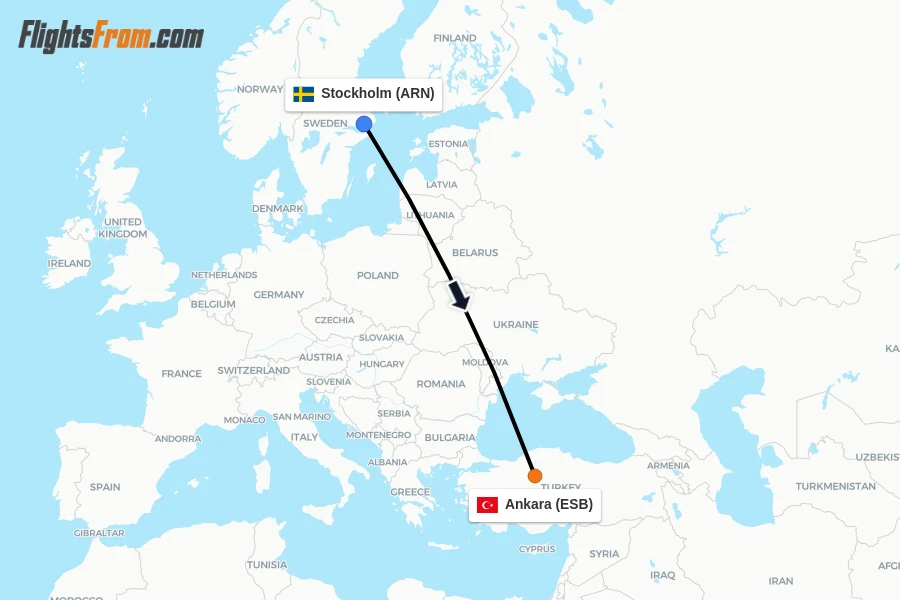 Flights from Stockholm to Ankara route map