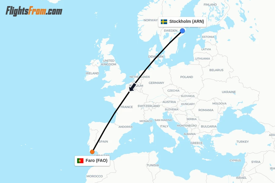 Flights from Stockholm to Faro route map