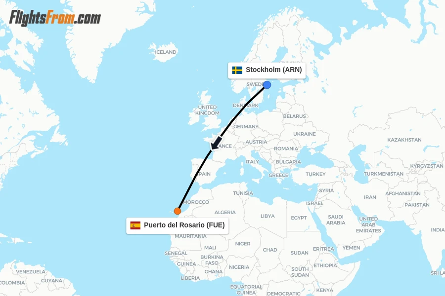 Flights from Stockholm to Puerto del Rosario route map