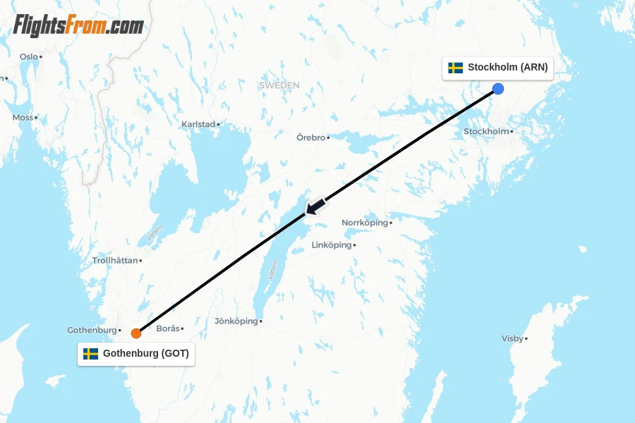 Flights from Stockholm to Gothenburg route map